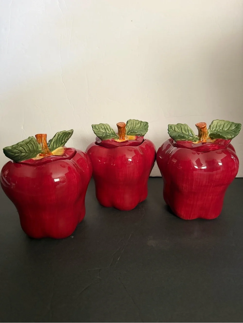 Red Apple Ceramic Tea Coffee Sugar Canister Set - Home Kitchen